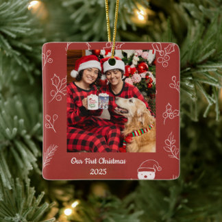 Boho Floral Our First Christmas 2025 Personalized Ceramic Ornament