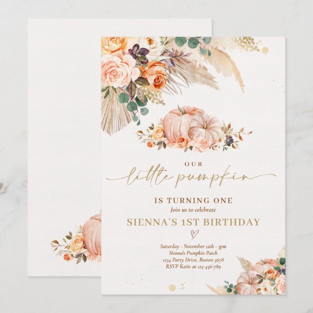 Boho Floral Our Little Pumpkin 1st Birthday Party  Invitation (Front/Back)