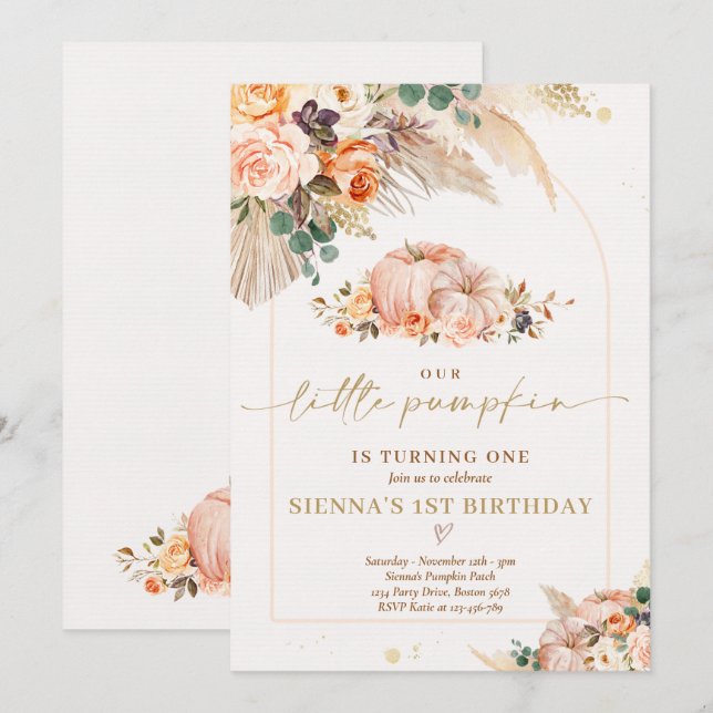Boho Floral Our Little Pumpkin 1st Birthday Party Invitation (Front/Back)