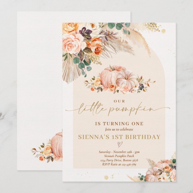 Boho Floral Our Little Pumpkin 1st Birthday Party Invitation (Front/Back)