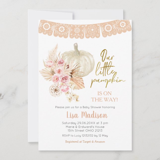 Boho Floral Our Little Pumpkin Baby Shower Girl  Invitation (Front)
