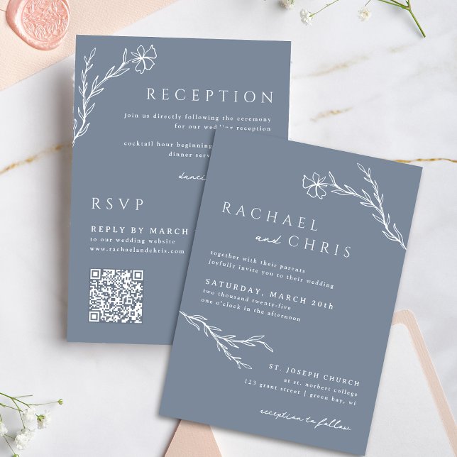 Boho Floral Outline Dusty Blue All In One QR Code Invitation (Creator Uploaded)