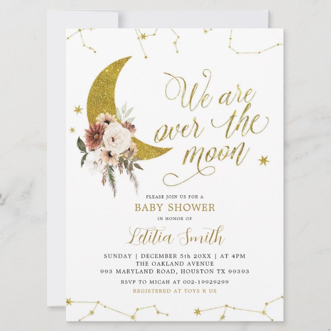 Boho Floral Over the Moon Baby Shower Invitation (Front)