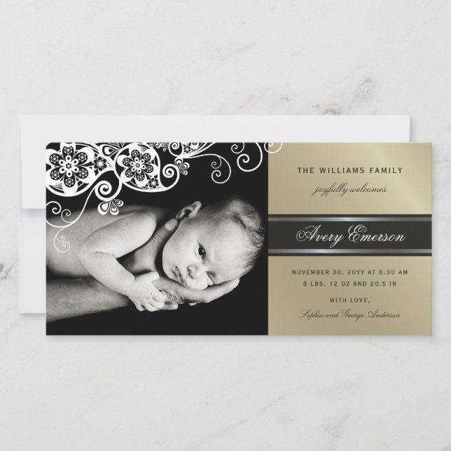 Boho Floral Paisley Elegant Birth Announcement (Front)