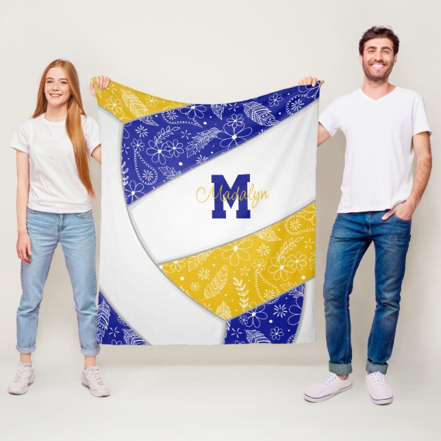 boho floral paisley feathers blue gold volleyball fleece blanket (In Situ)