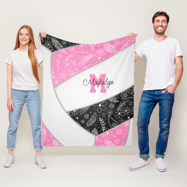 boho floral paisley feathers pink black volleyball fleece blanket (In Situ)