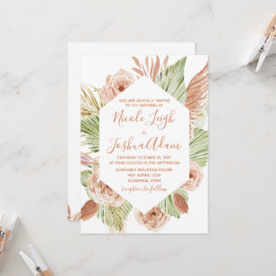 Boho Floral, Palm and Pampas terracotta wedding Invitation