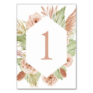 Boho Floral, Palm and Pampas terracotta wedding Table Number
