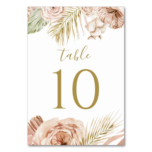 Boho Floral, Palm and Pampas wedding Table Number (Front)