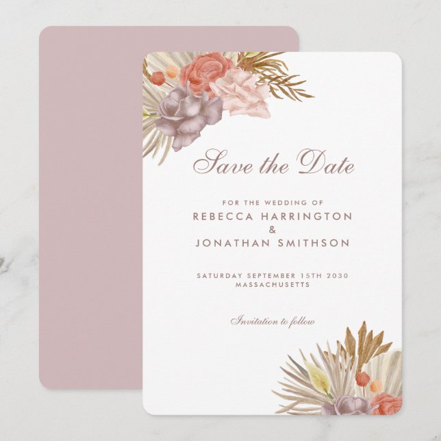 Boho Floral Palm Leaf Pink Wedding Save The Date Invitation (Front/Back)