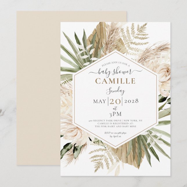 Boho Floral Palmetto Leaves Eucalyptus Baby Shower Invitation (Front/Back)