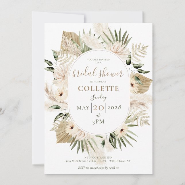 Boho Floral Palmetto Pampas Grass Bridal Shower Invitation (Front)