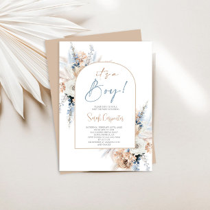 Boho Floral Pampas Grass Baby Shower Boy Invitation