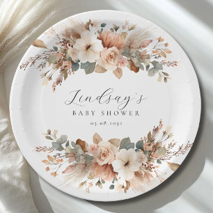 Boho Floral Pampas Grass Baby Shower Paper Plate