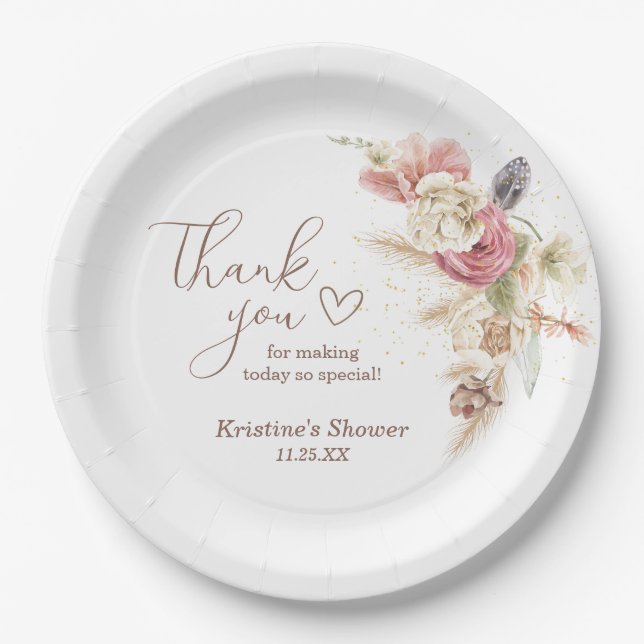 Boho Floral Pampas Grass Baby Shower Thank You Paper Plate (Front)