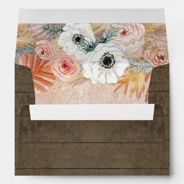 Boho Floral Pampas Grass Blush Wood Rustic Envelope (Back (Bottom))