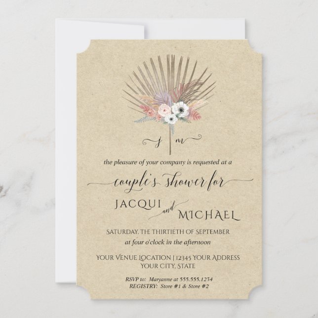 BOHO Floral Pampas Grass Couples Shower Invitation (Front)