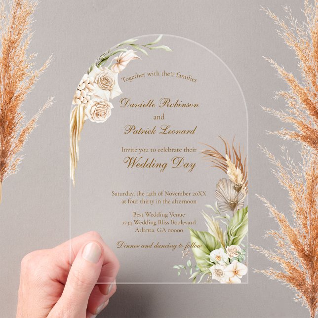 Boho Floral Pampas Grass Earth Tones Wedding Acrylic Invitations (Creator Uploaded)