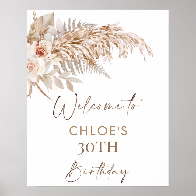 Boho Floral Pampas Grass Frame Birthday Welcome  Poster (Front)