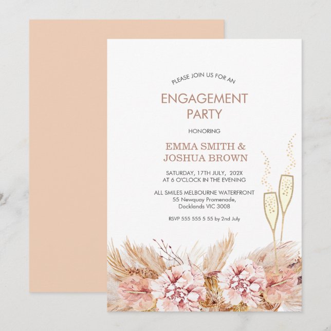 Boho Floral Pampas Grass Glasses Engagement  Invitation (Front/Back)