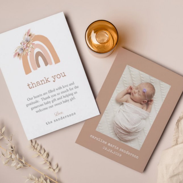 Boho Floral Pampas Grass New Baby Photo Thank You Card (Creator Uploaded)