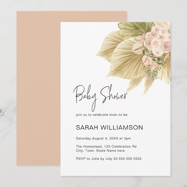 Boho Floral Pampas Grass Palm Blush Baby Shower Invitation (Front/Back)