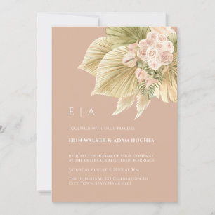 Boho Floral Pampas Grass Palm Dusty Pink Wedding Invitation