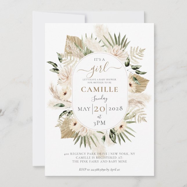 Boho Floral Pampas Grass Palmetto Baby Shower Invitation (Front)