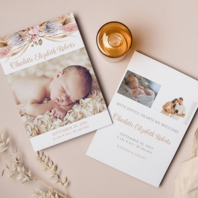 Boho Floral Pampas Grass Photo Birth Announcement (Creator Uploaded)