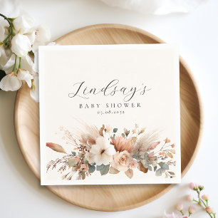 Boho Floral Pampas Grass Rose Beige Baby Shower  Napkin