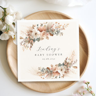 Boho Floral Pampas Grass Rose Beige Baby Shower Napkin