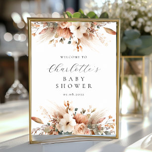 Boho Floral Pampas Grass Rose White Welcome Poster
