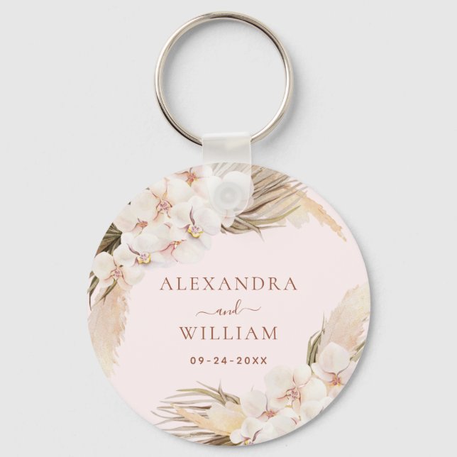 Boho Floral Pampas Grass Rustic Wedding Favour Key Ring (Front)