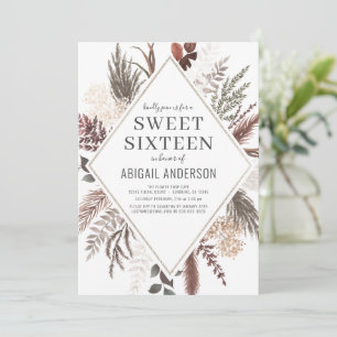 Boho Floral Pampas Grass Sweet Sixteen Birthday Invitation