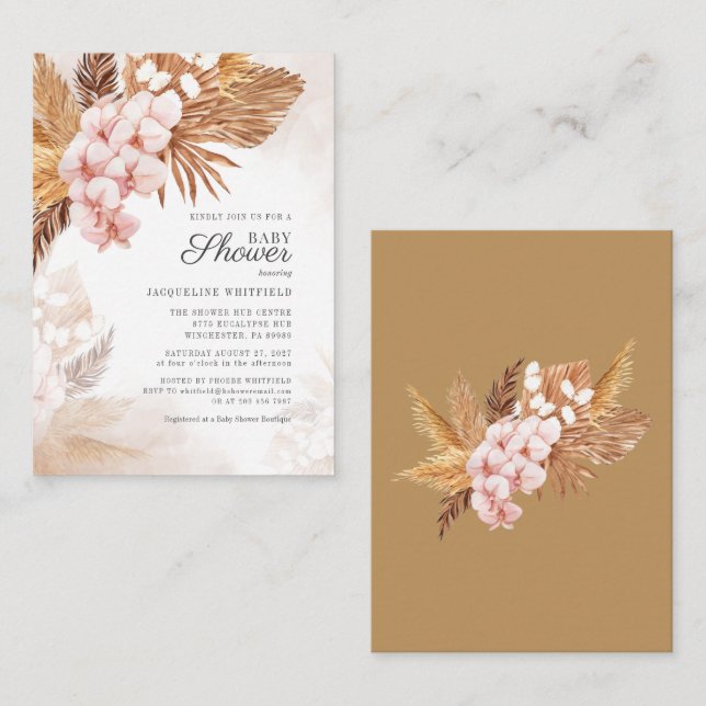 Boho Floral Pampas Grass Terracotta Baby Shower Card (Front/Back)