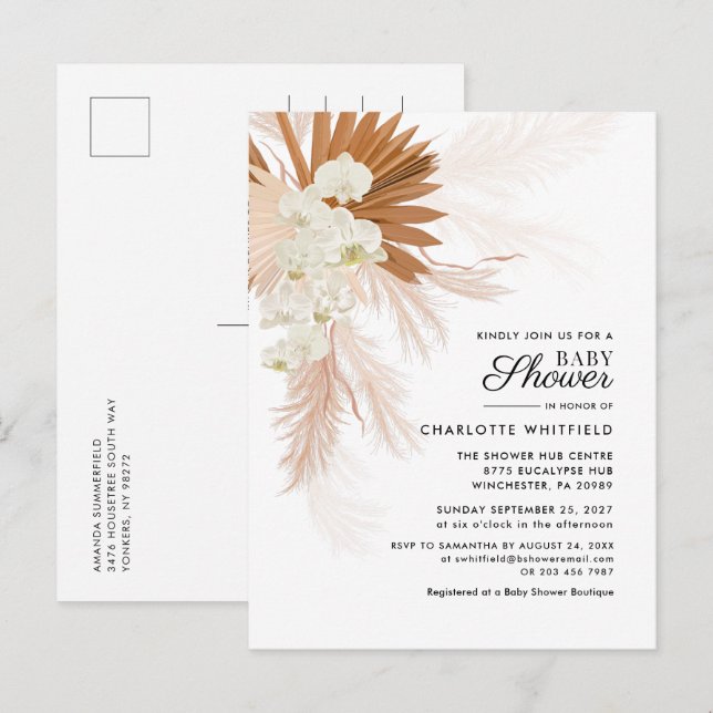 Boho Floral Pampas Grass Terracotta Baby Shower Invitation Postcard (Front/Back)