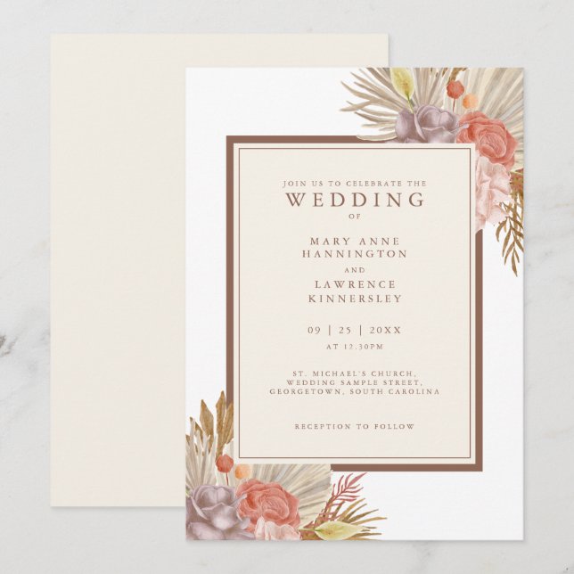 Boho Floral Pampas Grass Wedding Invitation (Front/Back)