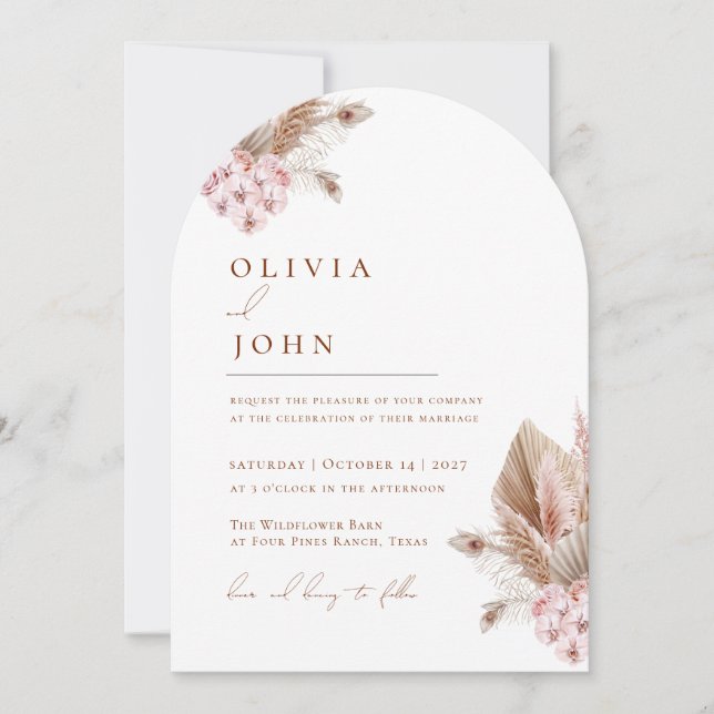 Boho Floral Pampas Grass wedding invitations (Front)