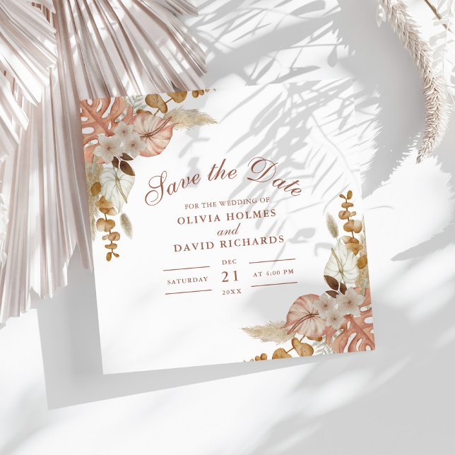 Boho Floral Pampas Grass Wedding Save the Date (Boho Floral Pampas Grass Wedding Save the Date on a sunny white table with neutral dry palm leaf.)