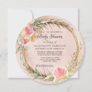 BOHO Floral Pampas Pink Watercolor Wreath Baby Invitation