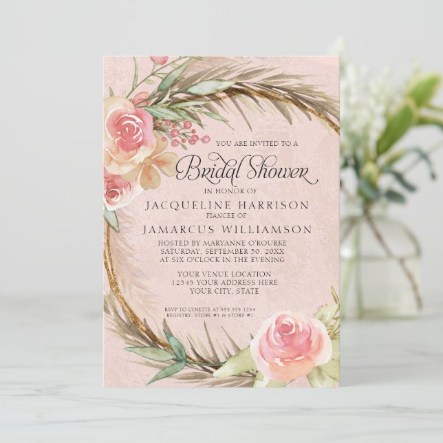 BOHO Floral Pampas Pink Watercolor Wreath Invitation (Standing Front)