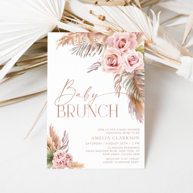 Boho Floral Pampas Rose Gold Baby Shower Invitatio Invitation (Creator Uploaded)