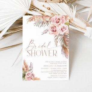 Boho Floral Pampas Rose Gold Bridal Shower Invitation