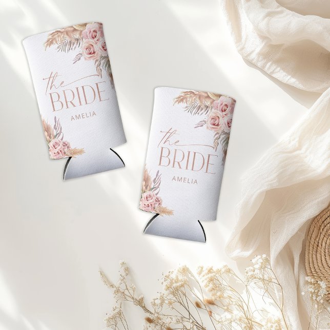 Boho Floral Pampas Rose Gold Bride Seltzer Can Cooler (Creator Uploaded)