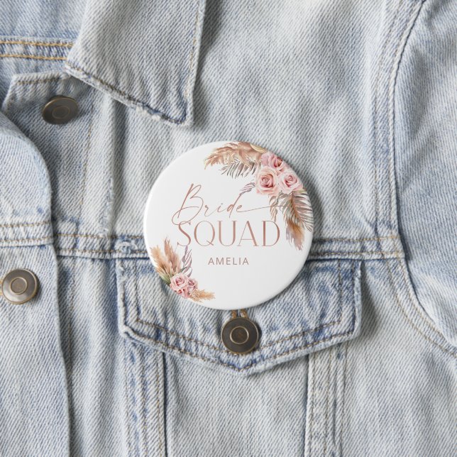 Boho Floral Pampas Rose Gold Bride Squad 7.5 Cm Round Badge (In Situ)