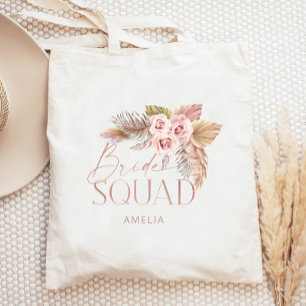 Boho Floral Pampas Rose Gold Bride Squad Tote Bag