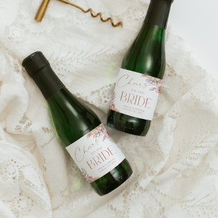 Boho Floral Pampas Rose Gold Cheers Mini Sparkling Wine Label
