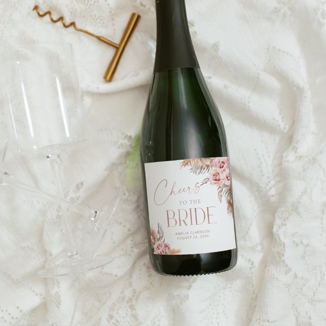 Boho Floral Pampas Rose Gold Cheers Sparkling Wine Label (Creator Uploaded)