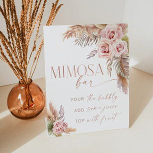 Boho Floral Pampas Rose Gold Mimosa Bar Pedestal Sign