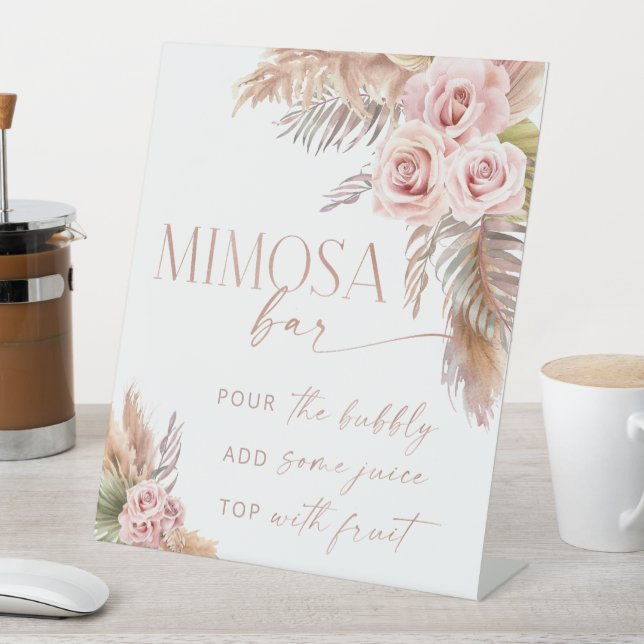Boho Floral Pampas Rose Gold Mimosa Bar Pedestal Sign (In SItu)